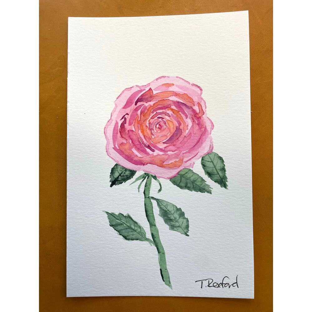 Hand painted watercolor original painting pink rose 8.5x5.5